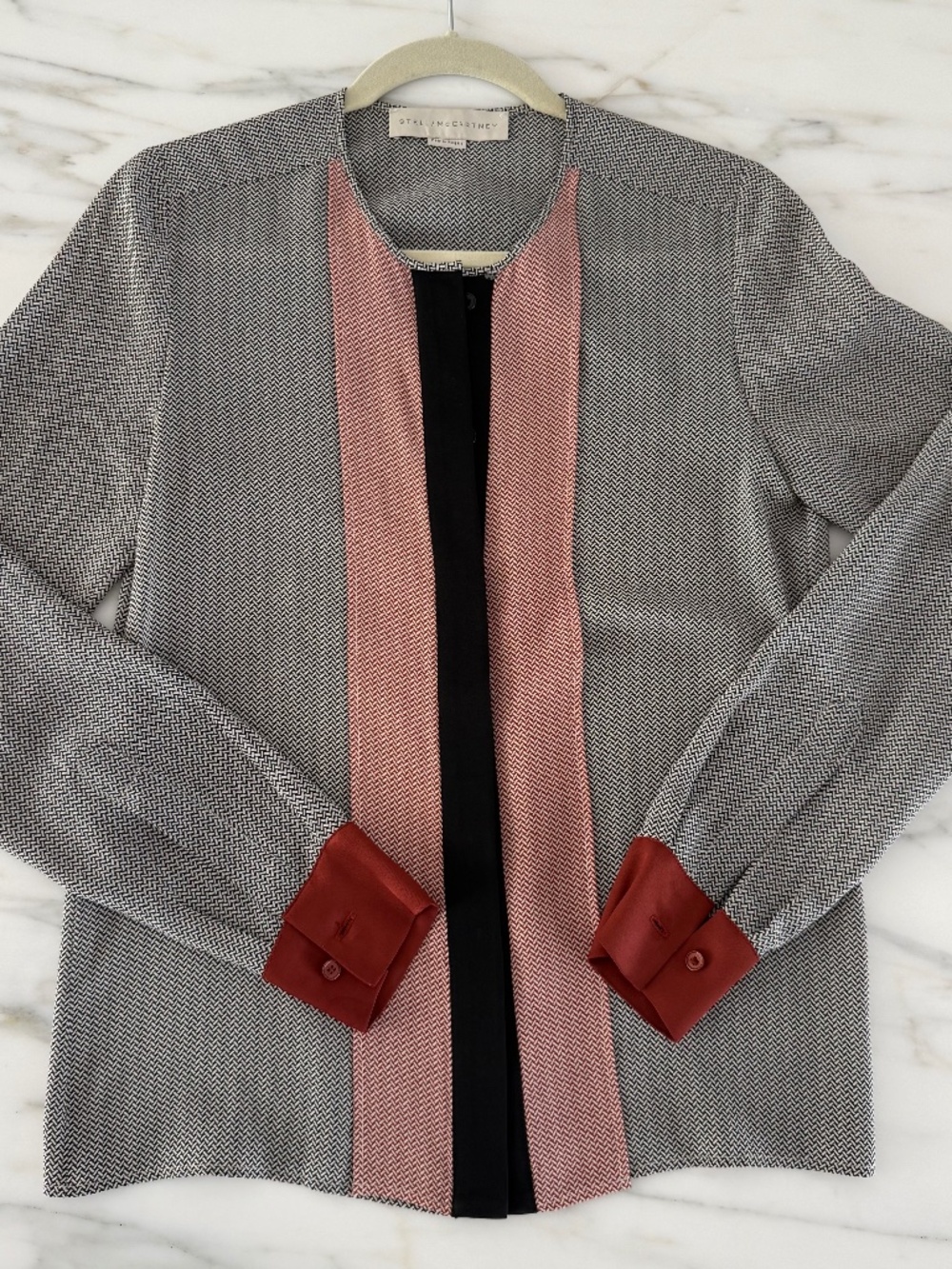 Stella McCartney Herringbone Colorblock Silk Jacket — Rose & Rust Trim — Size 4